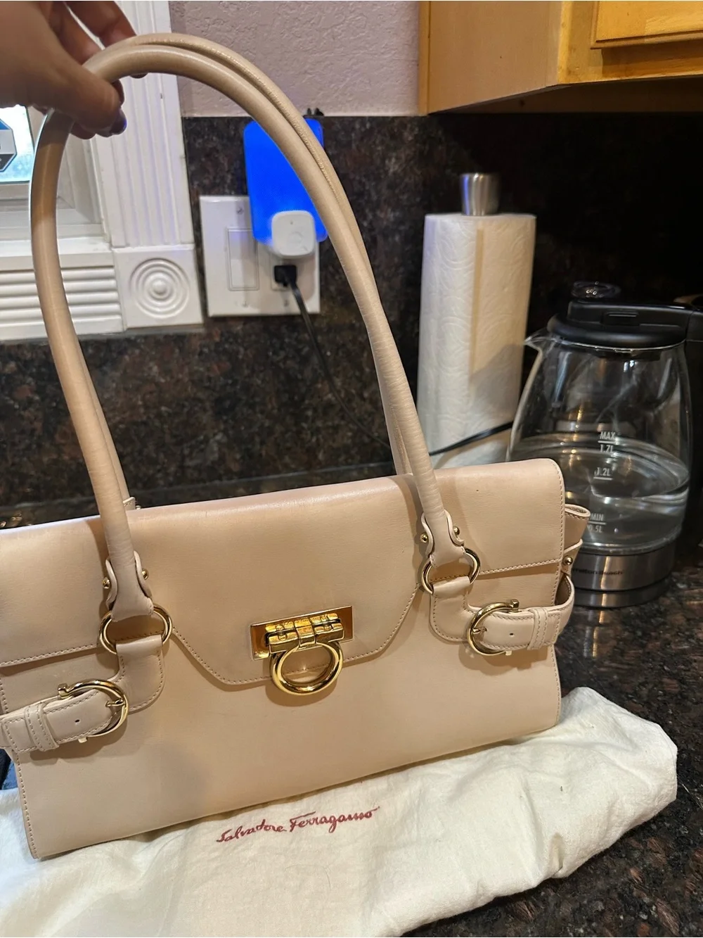 Authentic Salvatore Ferragamo Gancini Leather Tote Shoulder Bag Cream Beige READ